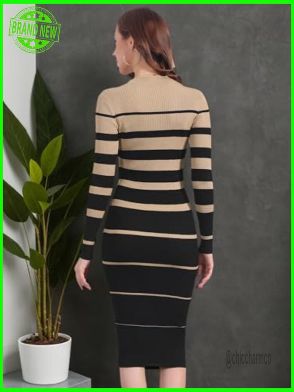 Striped Long Sleeve Crew Neck Ribbed Bodycon Midi Sweater Dress - Picture 4 of 6